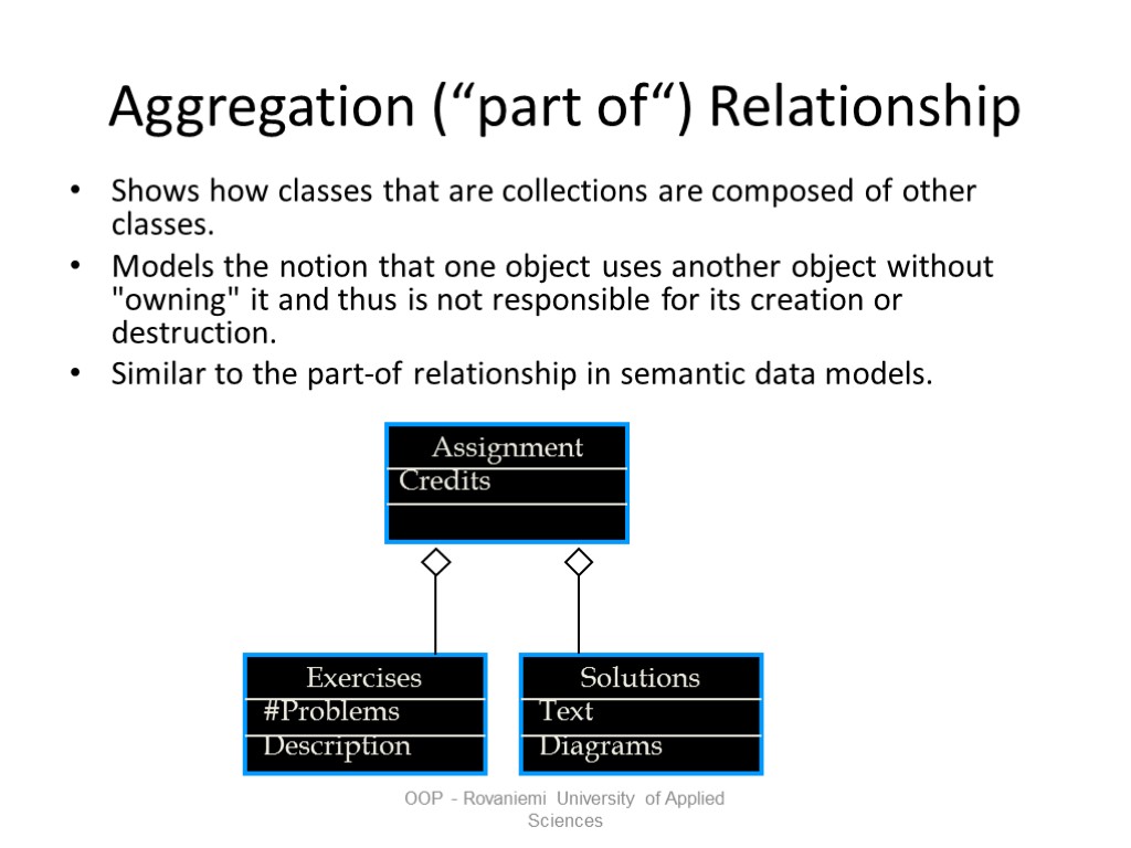 OOP - Rovaniemi University of Applied Sciences Aggregation (“part of“) Relationship Shows how classes